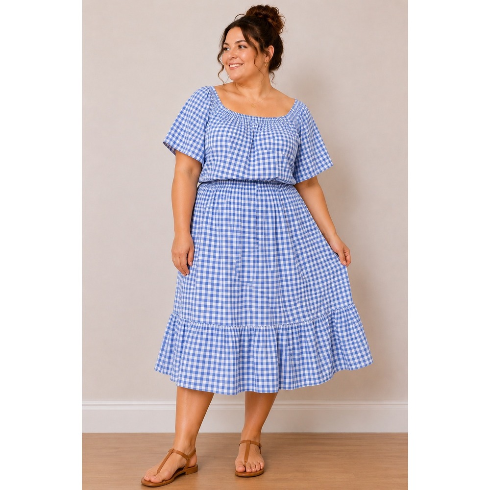 Blue Gingham 2x Vintage Two Piece Set Off Shoulder Top and Ruffle Midi Skirt
